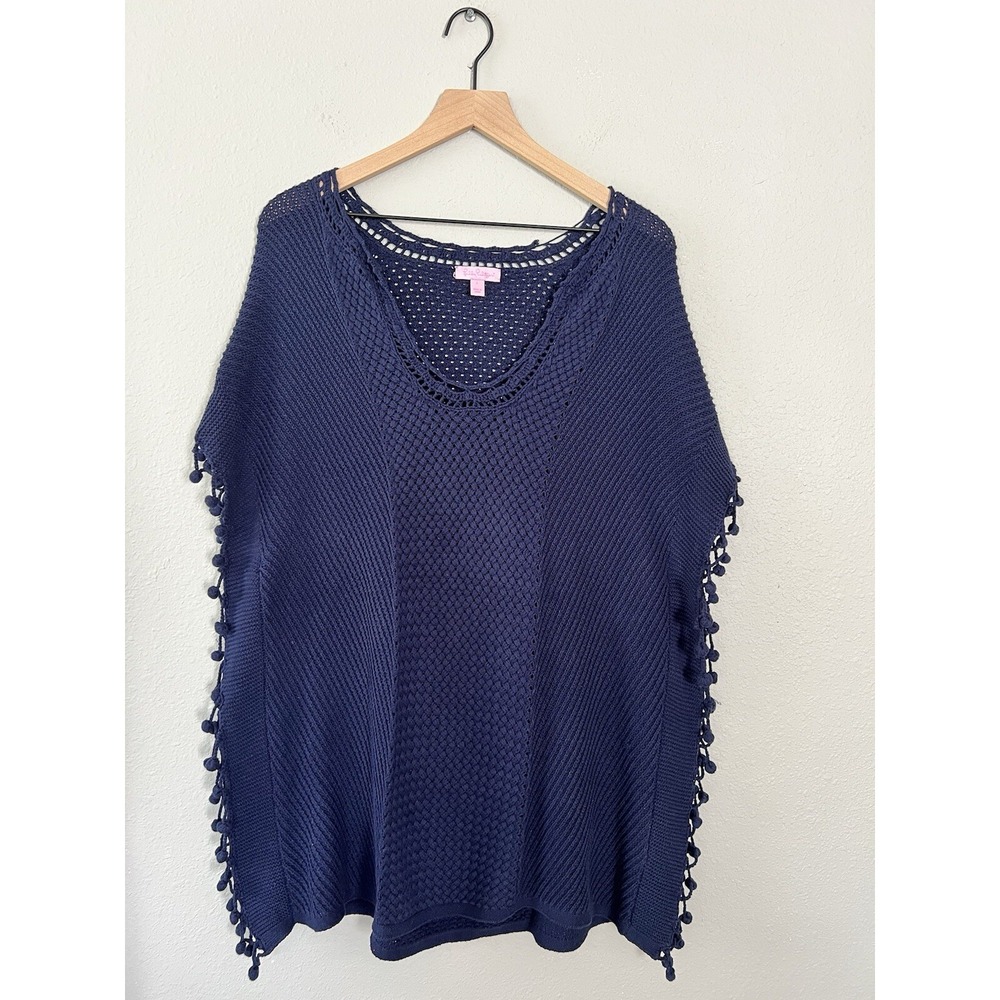 Lilly Pulitzer True Navy Keating Sweater Beachy Coverup Pom Pom Tassels Large